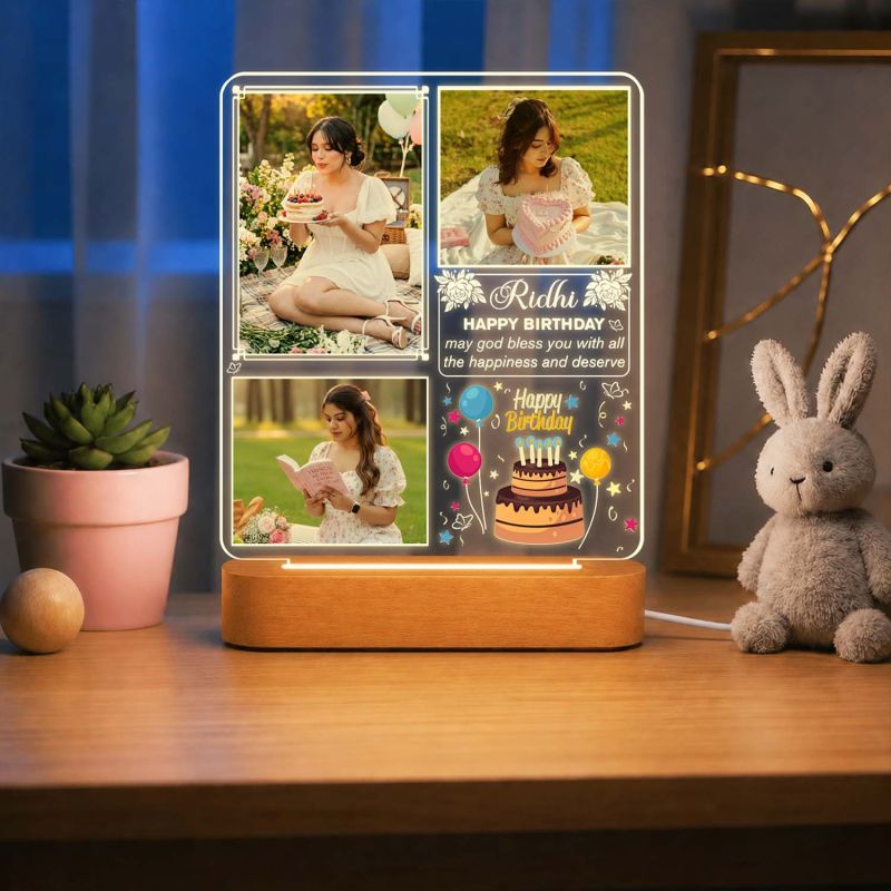 Personalized Photo Night Light with Wooden Base – Custom 3-Photo Acrylic LED Lamp with Name Birthday Gift for Her, Wife, Girlfriend, Daughter, Best Friend